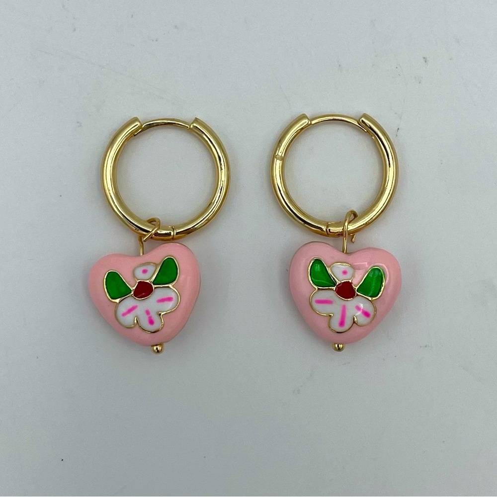 Atterri Pink Heart Cloisonné Earrings with Floral Design NIB